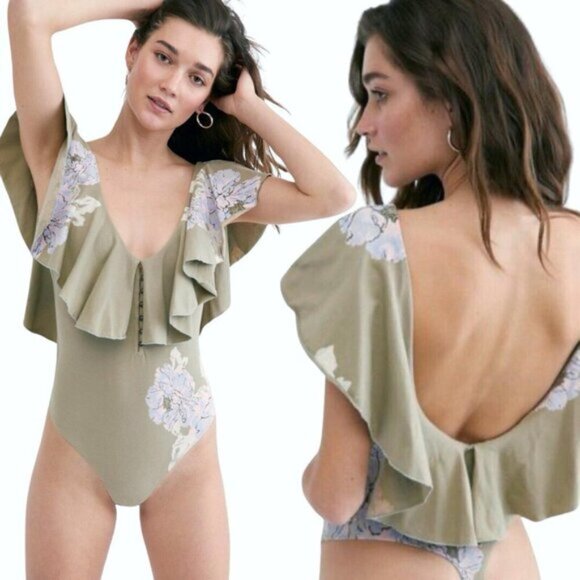 Free People Tops - Free People Matilda Floral Ruffle Bodysuit Small Green Combo
